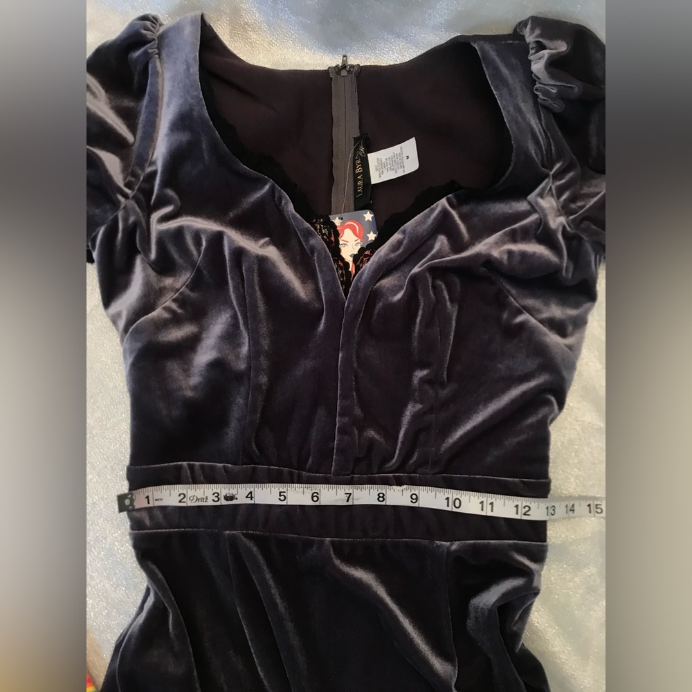 Laura Byrnes Pinup Couture Charcoal Velvet Midi Dress with Black Lace Trim - Picture 6 of 9